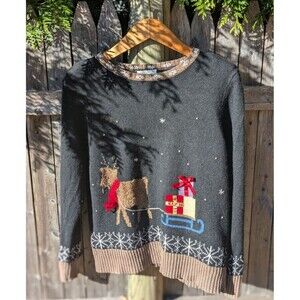 Christopher & Banks Ugly Christmas Sweater S Black Reindeer Sleigh Silk Grandma‎